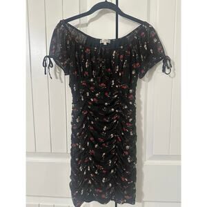 Ultra Flirt Black Floral Ruched Mini Dress S Off Shoulder Bodycon Tie Sleeve
